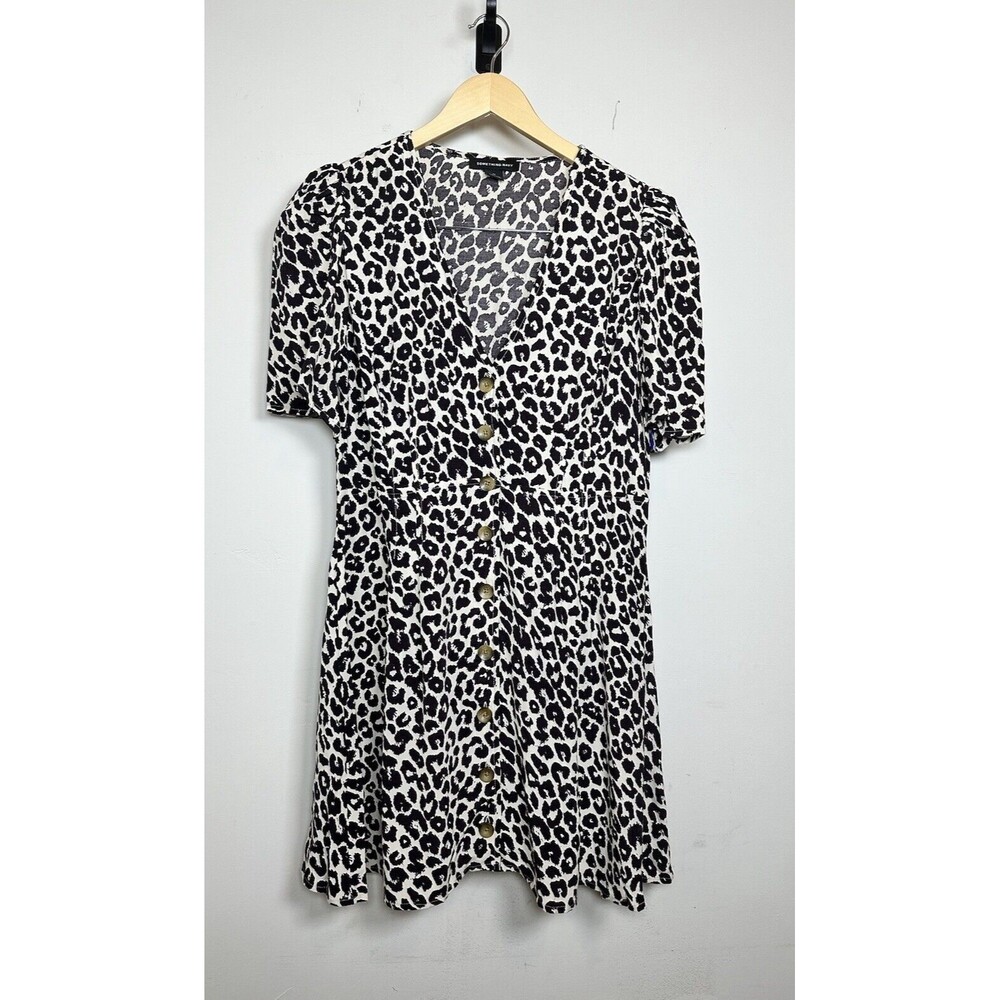 Something Navy Womens Size Medium Button Dress Leopard Print Puff Sleeve V Neck